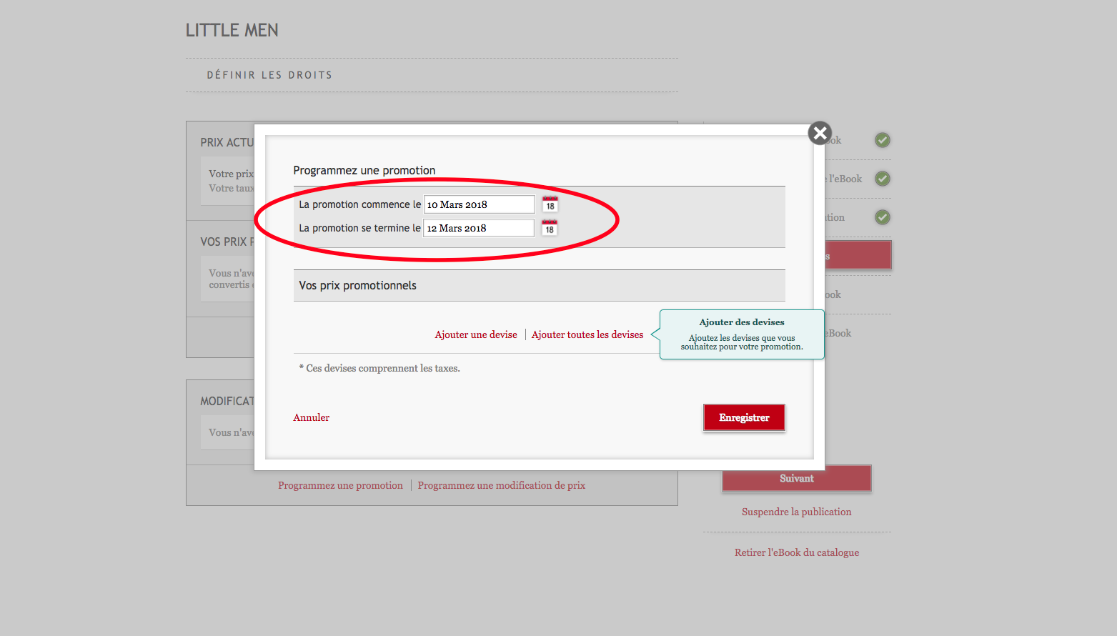 Capture d'écran du tableau de bord Kobo Writing Life présentant la fenêtre où l'on peut programmer les dates et les prix d'une promotion. Un premier champ permet de choisir la date du début de la promotion et un second la date de fin.