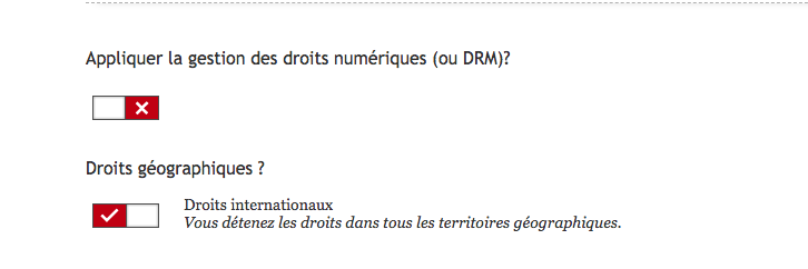 Capture d'écran du tableau de bord de Kobo WRiting LIfe présentant les boutons permettant d'activer la gestion des droits numériques (DRM).