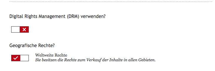 Eingabefeld für Lizenz- und geografische Rechte, wobei die Schaltflächen für DRM und weltweite Rechte aktiviert sind.