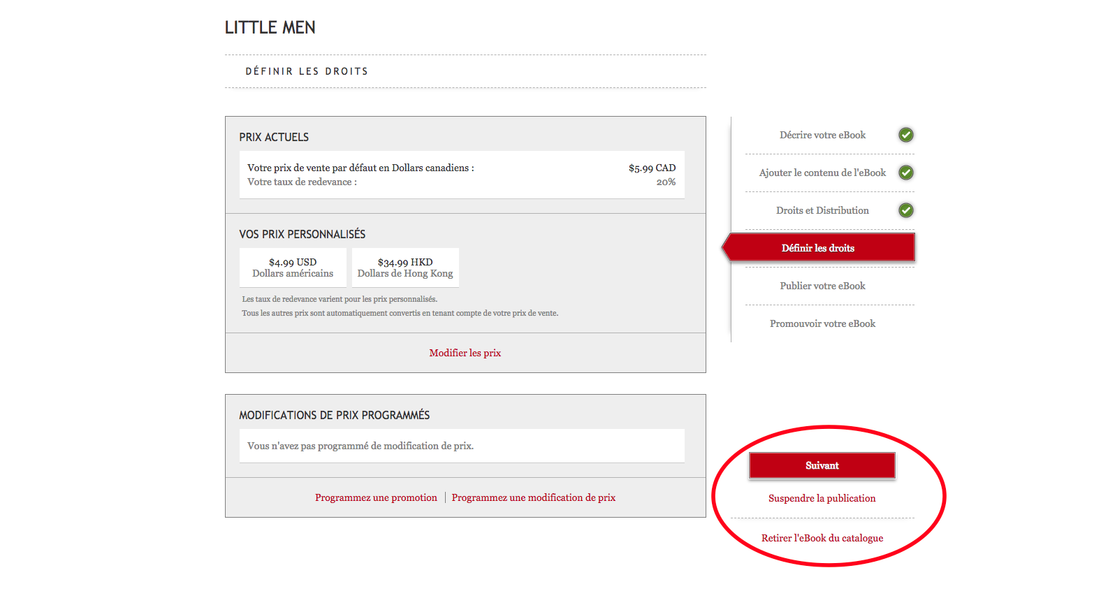 Capture d'écran du tableau de bord Kobo Writing Life présentant l'onglet Définir les droits. Le prix par défaut est sur la première ligne, les prix convertis sont répartis sur deux colonnes. Le bouton rouge Enregistrer, en bas à droite, est entouré.