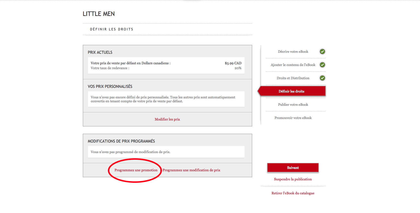 Capture d'écran du tableau de bord Kobo Writing Life présentant la page d'un eBook et plus précisant les métadonnées modifiables dans l'onglet Définir les droits. La mention cliquable Programmez une promotion, en bas à gauche, est entourée.