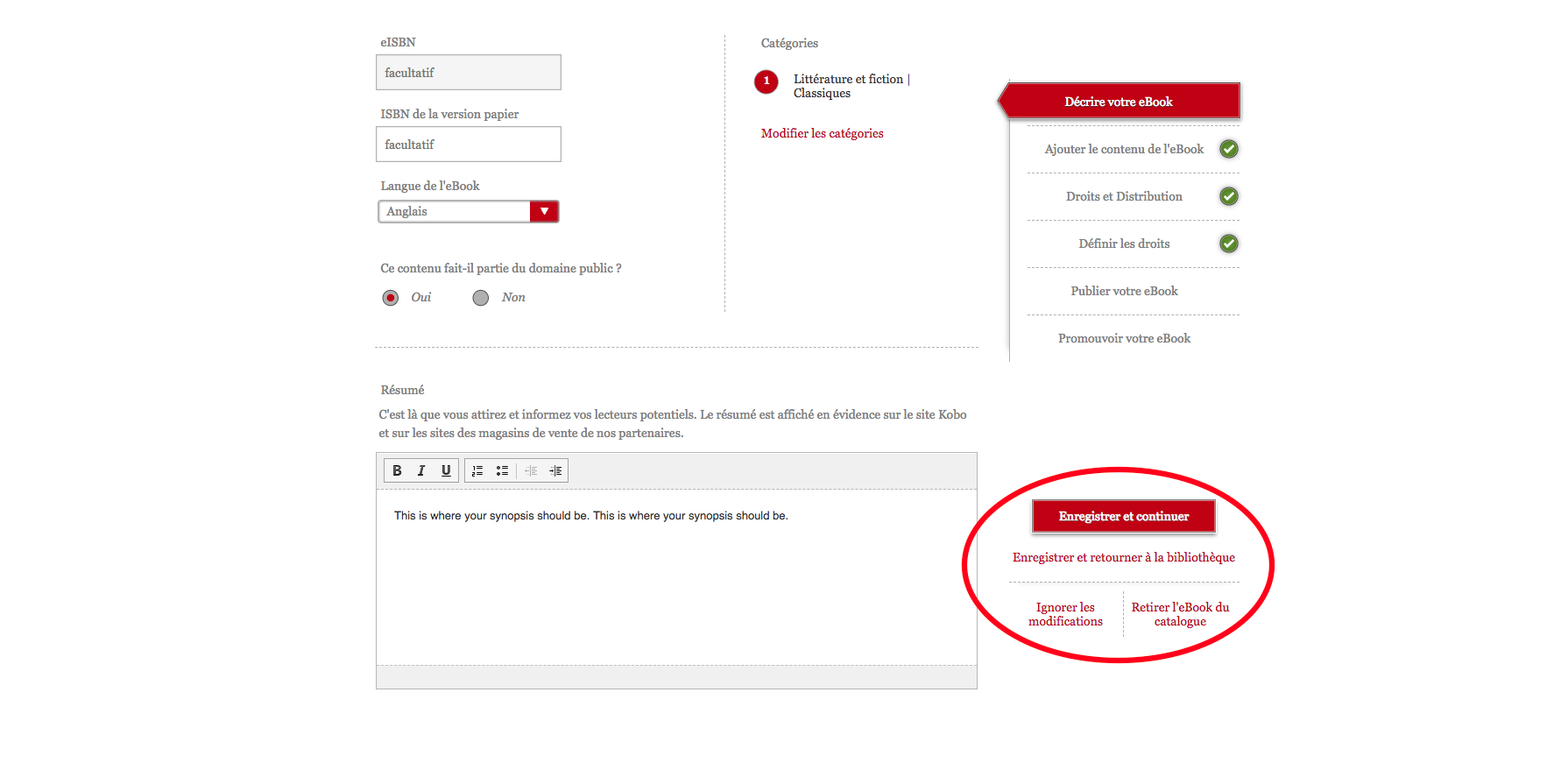 Capture d'écran du tableau de bord Kobo Writing Life présentant la page d'un eBooks permettant de modifier ses métadonnées. À côté du champ dédié au résumé, un bouton rouge intitulé Enregistrer et continuer est entouré.