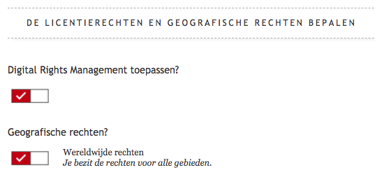 Invulveld voor licentie- en geografische rechten, met de knoppen voor DRM en Wereldwijde rechten ingeschakeld