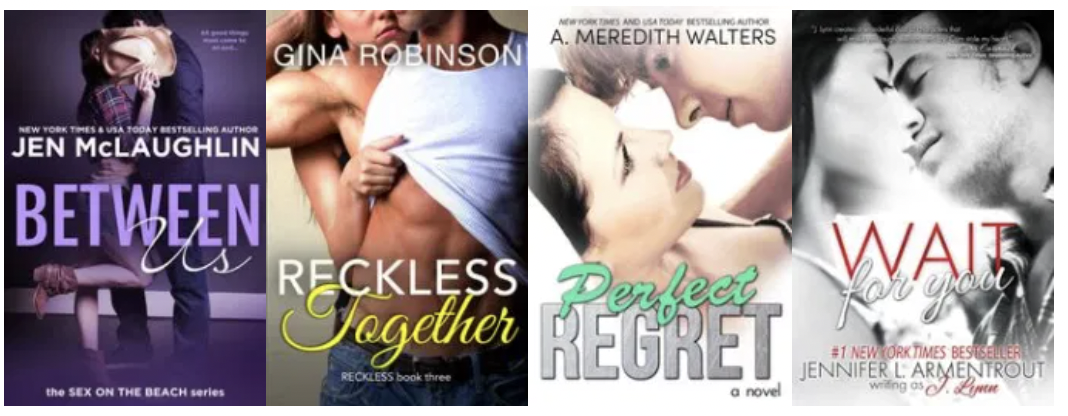 Vier Buchcover von Liebesromanen, auf denen jeweils ein Teil des Titels in Kursivschrift gesetzt ist