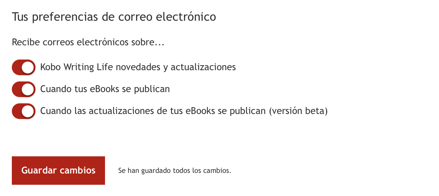 Se muestran tres preferencias de correo electrónico, cada una con un botón que permite activar o desactivar el envío de correos electrónicos.
