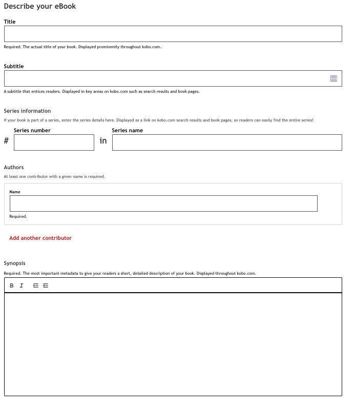 Fields for information about the eBook title, the ebook subtitle, the series name, the author, and the synopsis