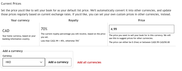 This image shows how to set the price for each country and territory