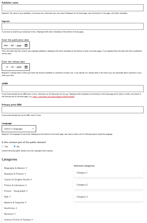 Fields for information about the publisher name, the imprint, the publication and release dates, eISBN, print ISBN name, the language the book is written in, whether the book is part of the public domain, and the categories