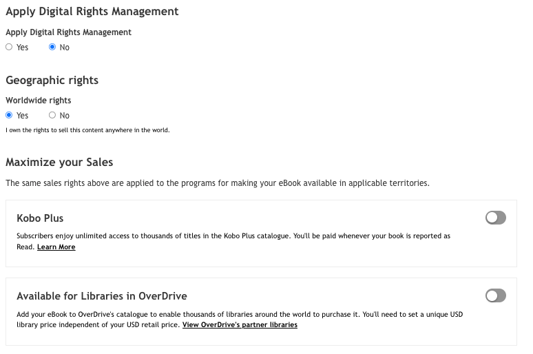 Image shows fields where author can opt in to Digital Rights Management, state whether they own worldwide rights, and opt in to Kobo Plus and Overdrive