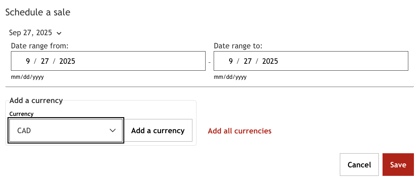 This shows fields for setting the start and end dates of the sale, along with a designated space for entering the price