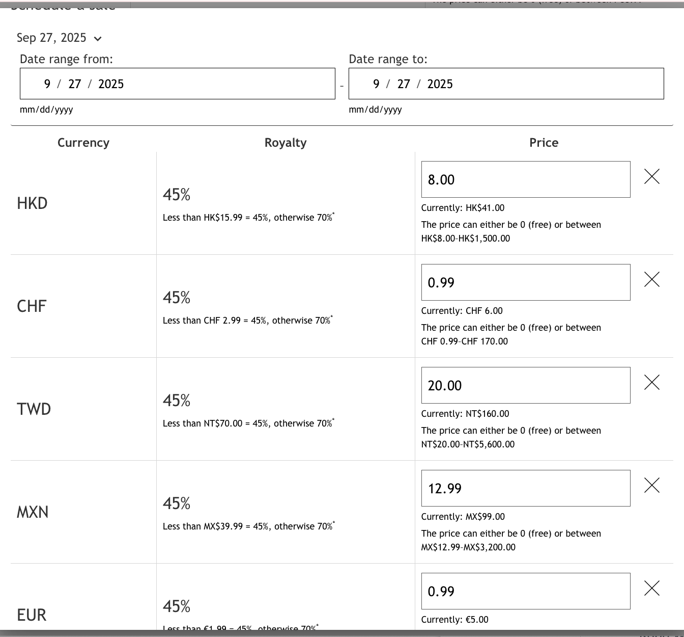 The top portion shows fields for setting the start and end dates of the sale, along with a designated space for entering the price. There’s fields to add all currencies for the sale