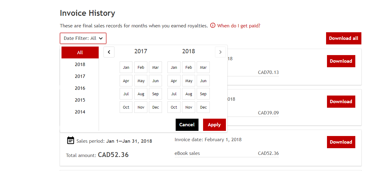 Het datumfilter in het gedeelte factuurgeschiedenis van het dashboard, met de optie om jaar en maand te selecteren.
