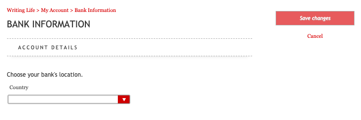 Image shows the bank information and a country drop down menu to chose from.