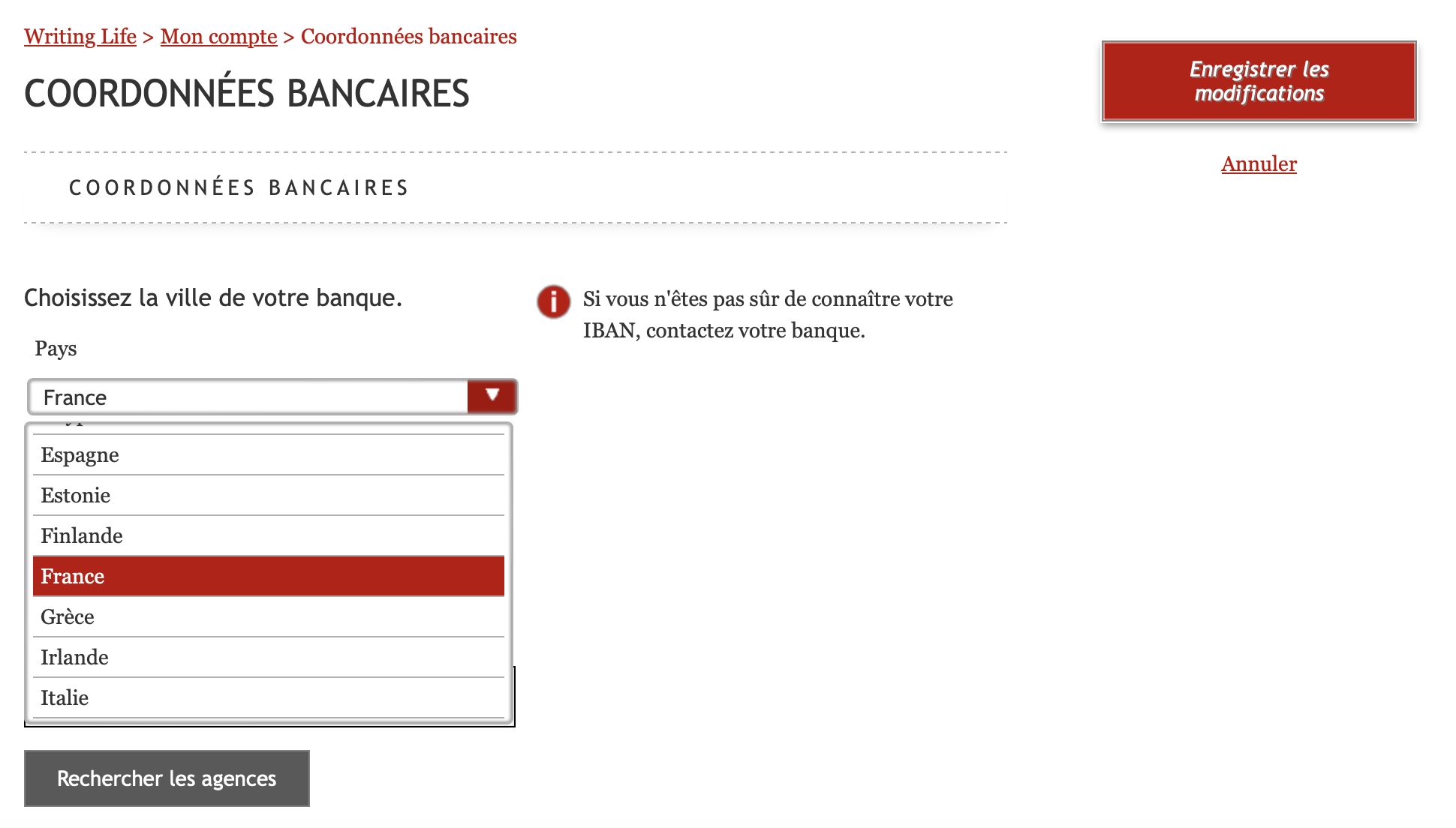 Dans le tableau de bord Kobo Writing Life, choisir un pays est la première étape pour compléter les informations de paiement. Un menu déroulant permet de sélectionner un pays. Un bouton rouge en haut à droite permet de sauvegarder la saisie.