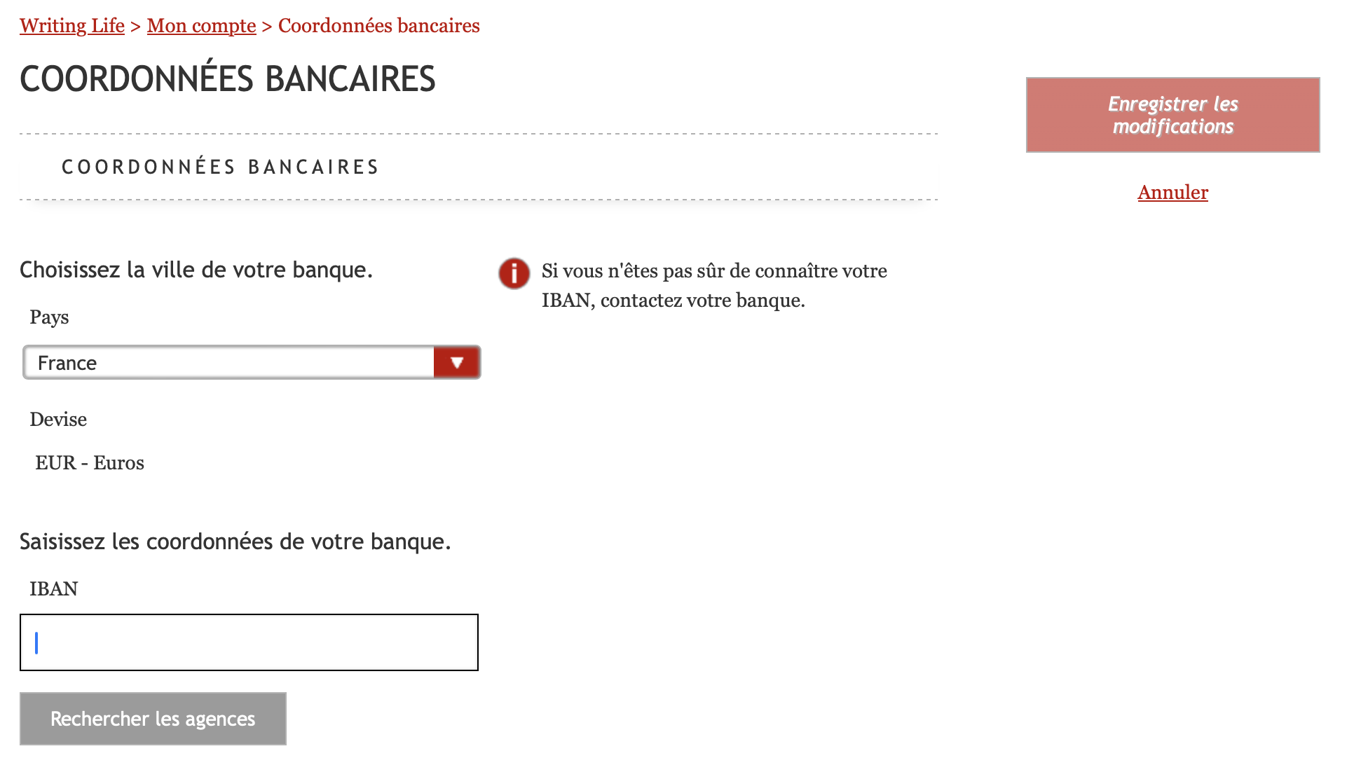 Dans le tableau de bord Kobo Writing Life, le pays choisi à l'étape précédente du menu déroulant est la France. La devise, l'euro (EUR), est apparue automatiquement en-dessous du menu. En dessous de la devise, un champ permet de renseigner l'IBAN.