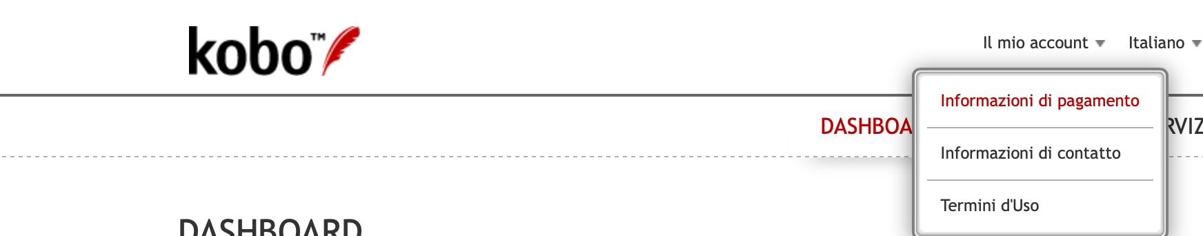 Screen della dashboard personale dell'autore. In alto a destra c'è la sezione Il mio account. Cliccando sul menu a tendina bisogna selezionare informarzioni di pagamento