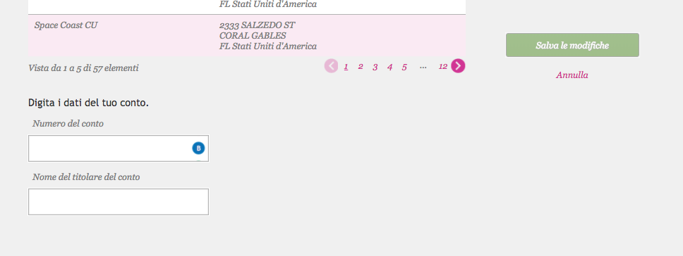 Nella schermata c'è ora scritto Digita i dati del tuo conto, poi Numero del conto, con apposita casella in cui inserirlo, e nome dell'intestatario del conto, con apposita casella in cui inserirlo