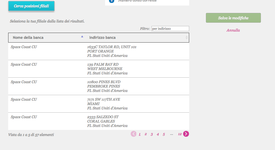 Esempio di elenco di filiali bancarie disponibili una volta immmessi i dati
