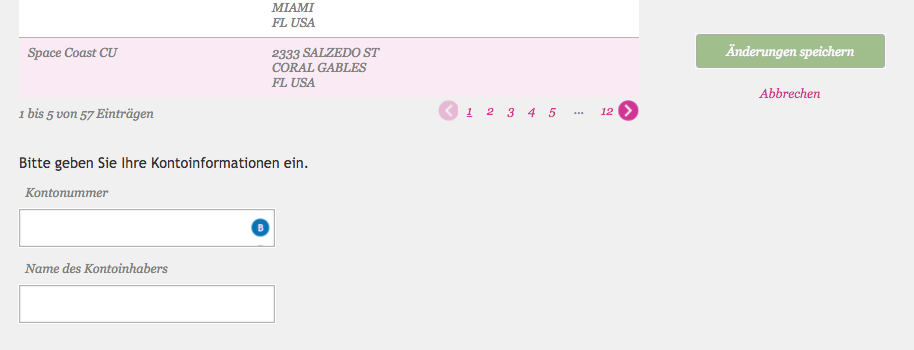 Es werden zwei Felder angezeigt, in die man die Kontonummer und den Namen des Kontoinhabers eintragen kann.
