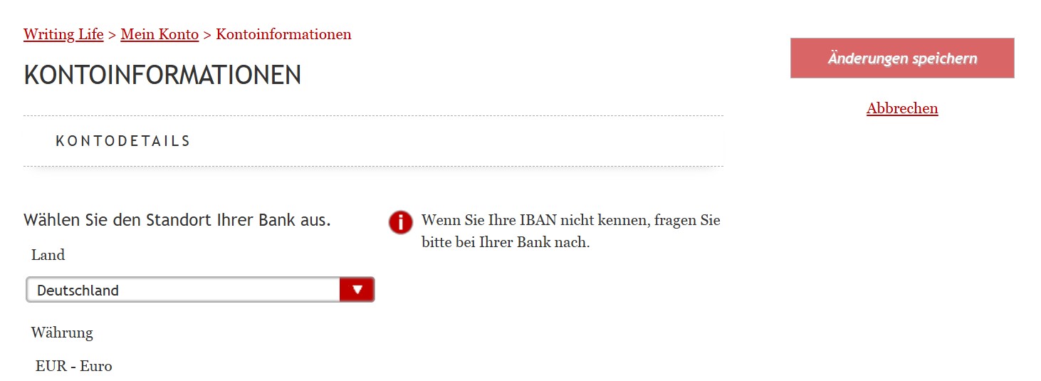 Das Bild zeigt Bankinformationen und ein Dropdown-Menü zur Auswahl eines Landes.