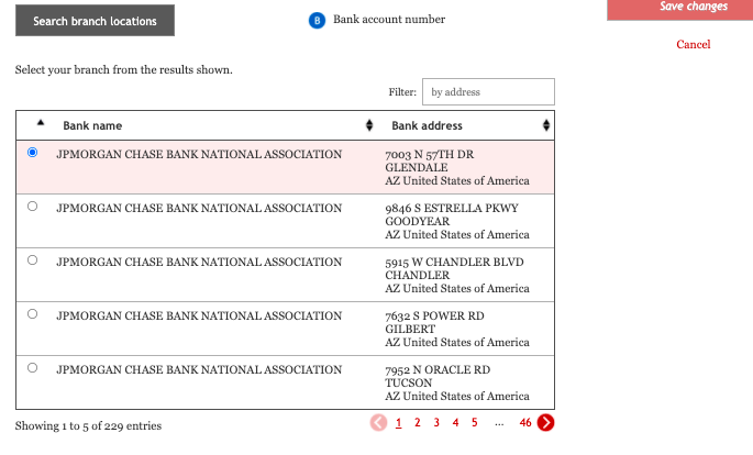 Esta imagen muestra una lista de posibles sucursales bancarias según la información que ingresó el usuario.