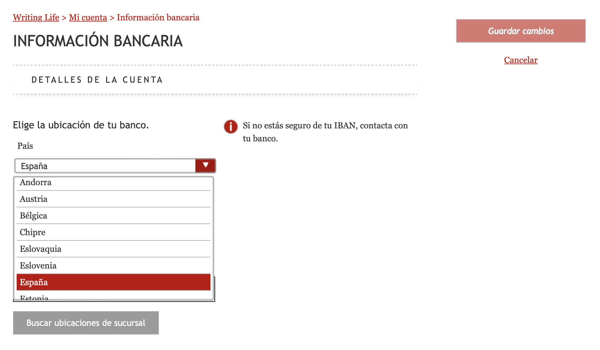 En el panel de control de Kobo Writing Life, elegir un país es el primer paso para completar la información de pago. Un menú desplegable permite seleccionar un país. Un botón rojo en la parte superior derecha permite guardar la información ingresada.