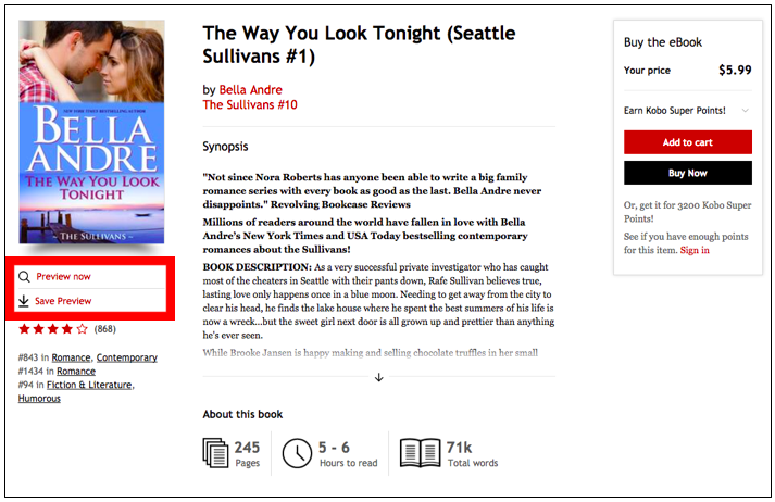 A screenshot of an eBook product page on the Kobo store, indicating where the preview options are located on the left-hand side, below the cover image.