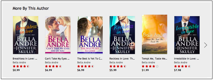 A screenshot of the ”More by this author” carousel on an eBook product page on the Kobo store that displays 6 related eBooks and can be scrolled through horizontally to see more related eBooks.