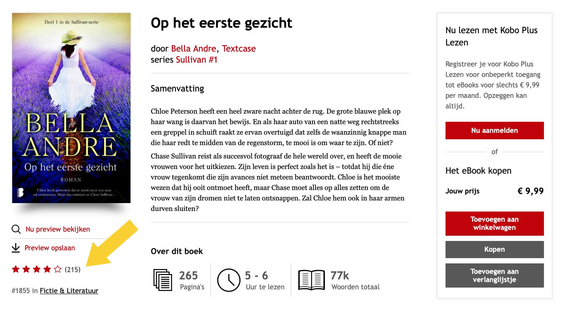 Een screenshot van een eBook-productpagina in de Kobo-winkel, waarop wordt aangegeven waar de sterrenbeoordeling wordt weergegeven aan de linkerkant, onder de omslagafbeelding en de opties om de productpreview te bekijken.