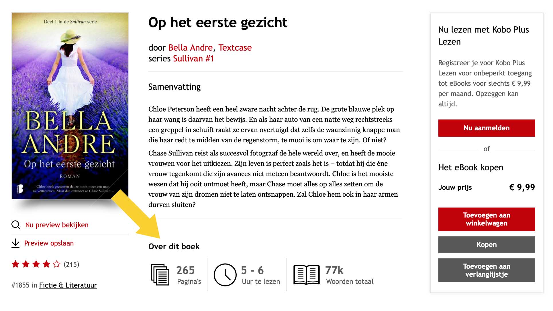 Een screenshot van een eBook-productpagina in de Kobo-winkel, waarin onder de samenvatting naast elkaar wordt weergegeven hoeveel pagina's, hoe veel leesuren en hoeveel woorden het eBook bevat.