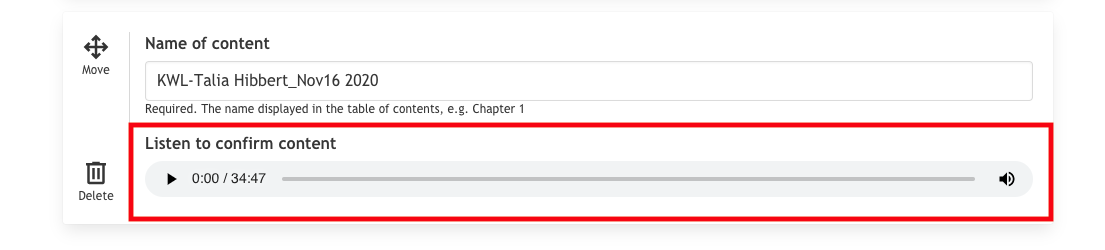A screenshot of a successfully uploaded audio file with the “Listen to confirm content” widget highlighted.