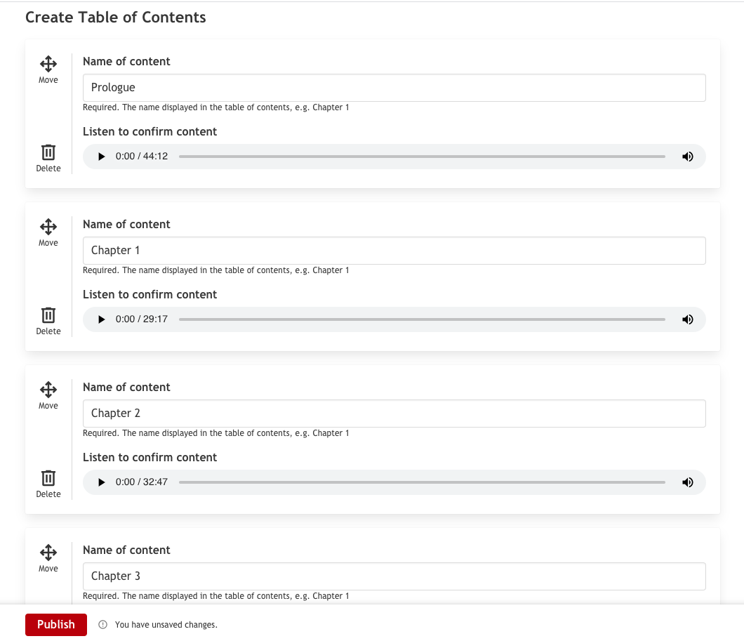 A screenshot displaying the user interface of uploaded audio files that can be reordered and renamed.
