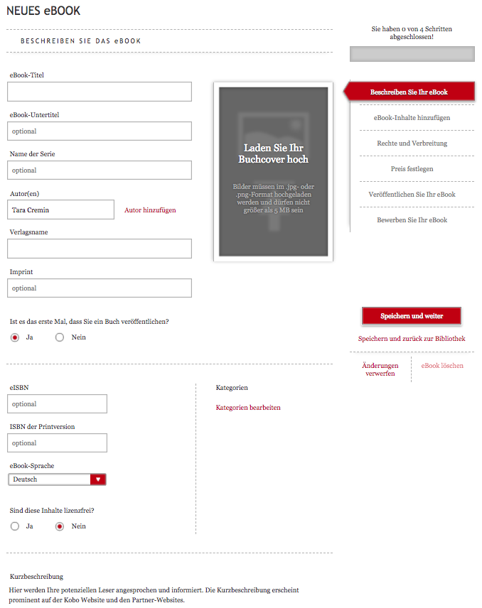 Ein Screenshot mit den Eingabefeldern für eBook-Metadaten.