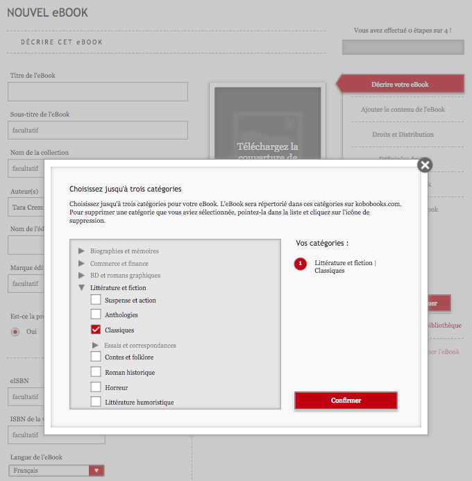 Capture d'écran du tableau de bord Kobo Writing Life avec le détail de la liste des catégories à disposition des auteurs pour classer leurs ouvrages. On peut choisir jusqu'à 3 catégroies.
