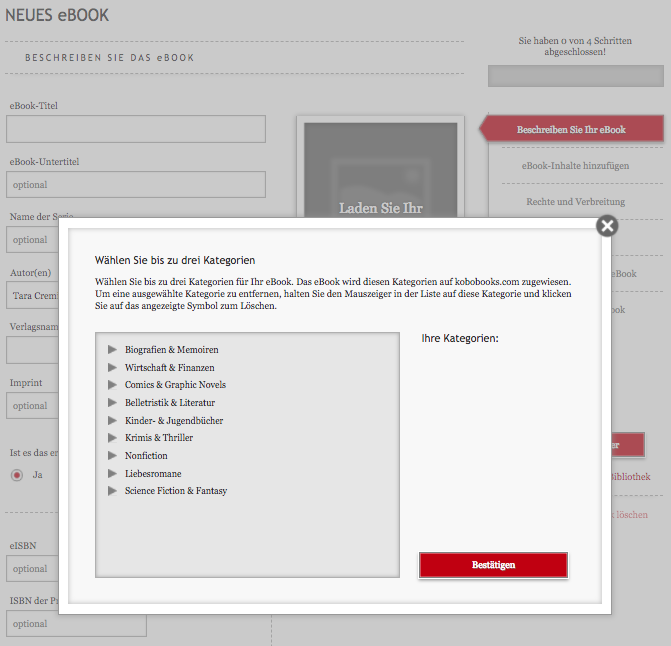 Eine Übersicht der Hauptkategorien, aus denen man wählen kann.