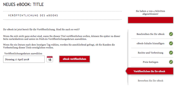 Ein Bild des letzten Veröffentlichungsschritts, mit einem Feld, in dem das Erscheinungsdatum eingegeben werden kann.