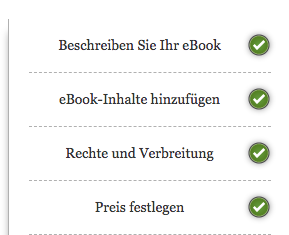 Ein Screenshot der vier Veröffentlichungsschritte: Beschreibe dein eBook, eBook-Inhalt hinzufügen, Rechte und Vertrieb und Den Preis festlegen.
