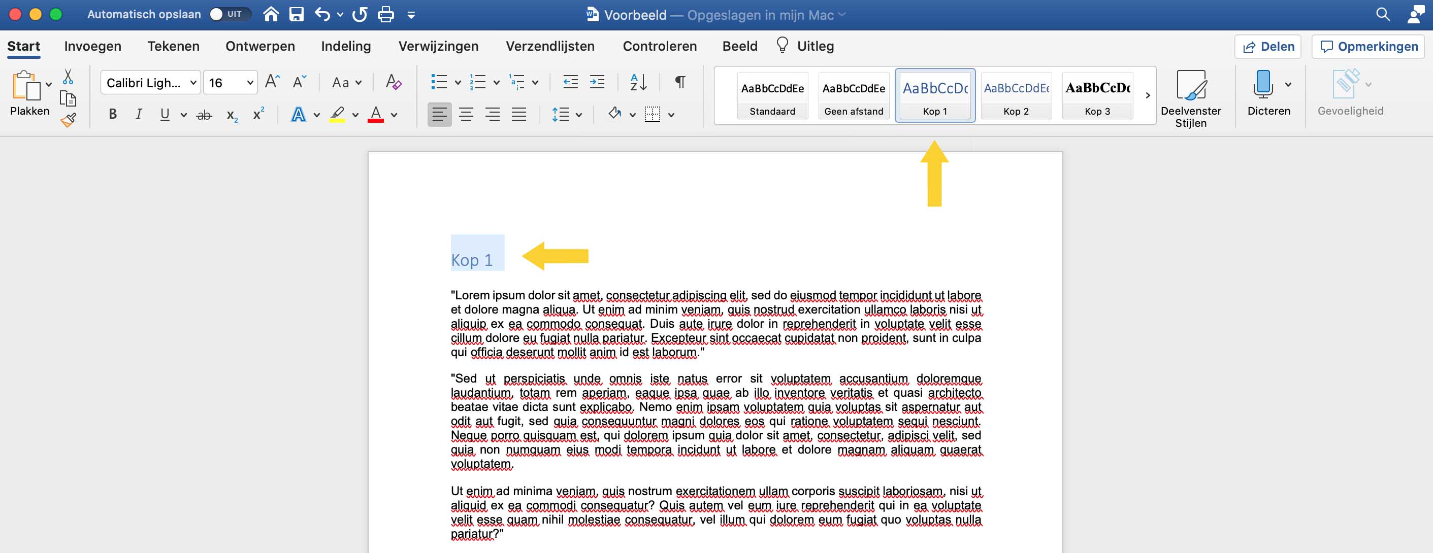 Voorbeeld van een Word-document met als titel 'Kop 1' en een pijl naar het menu in Word waarin de kopstijl Kop 1 is geselecteerd