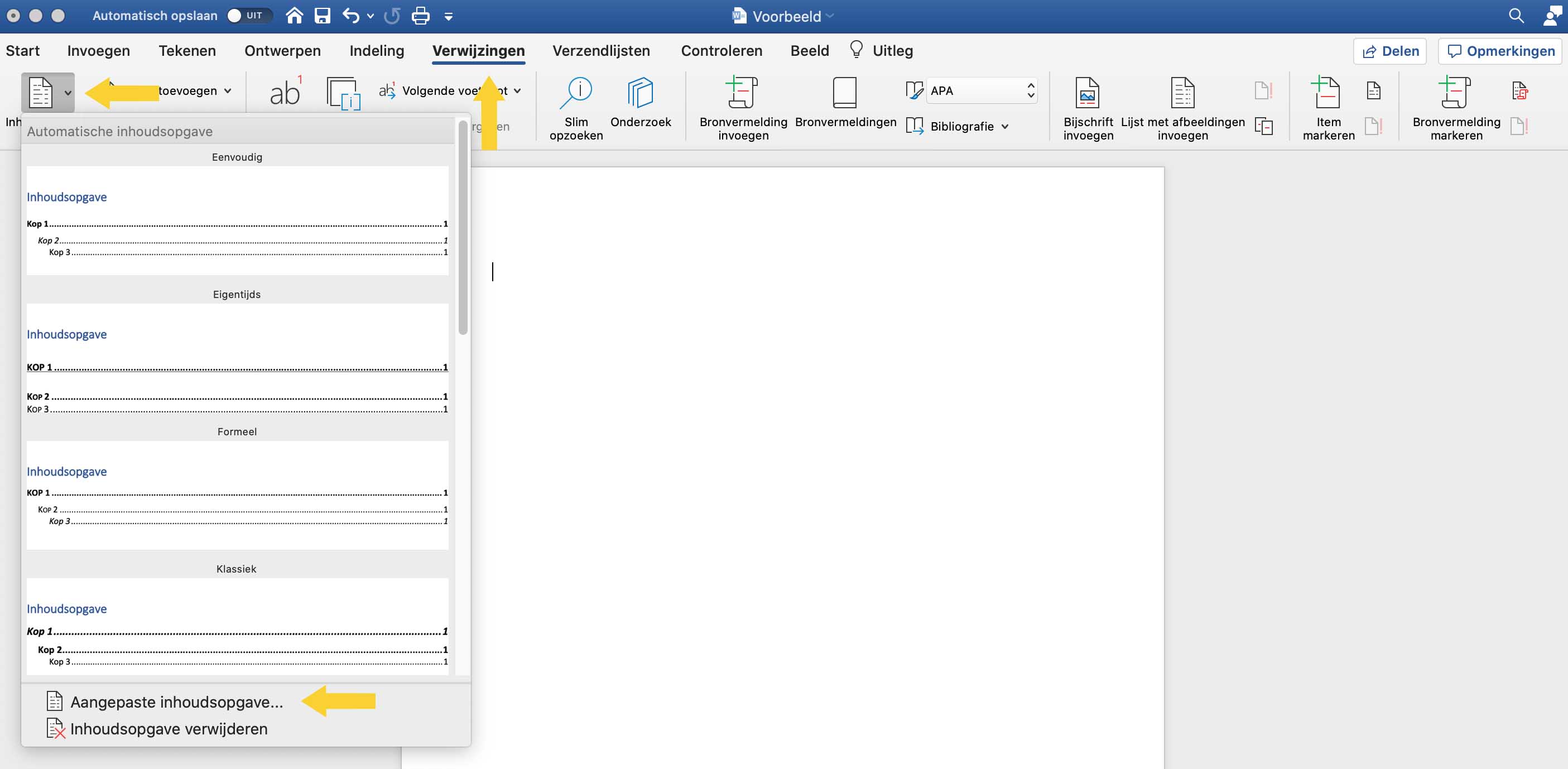 Wordbestand waarin in het tabblad Verwijzingen via een knop aan de linkerkant een automatische inhoudsopgave kan worden ingevoegd