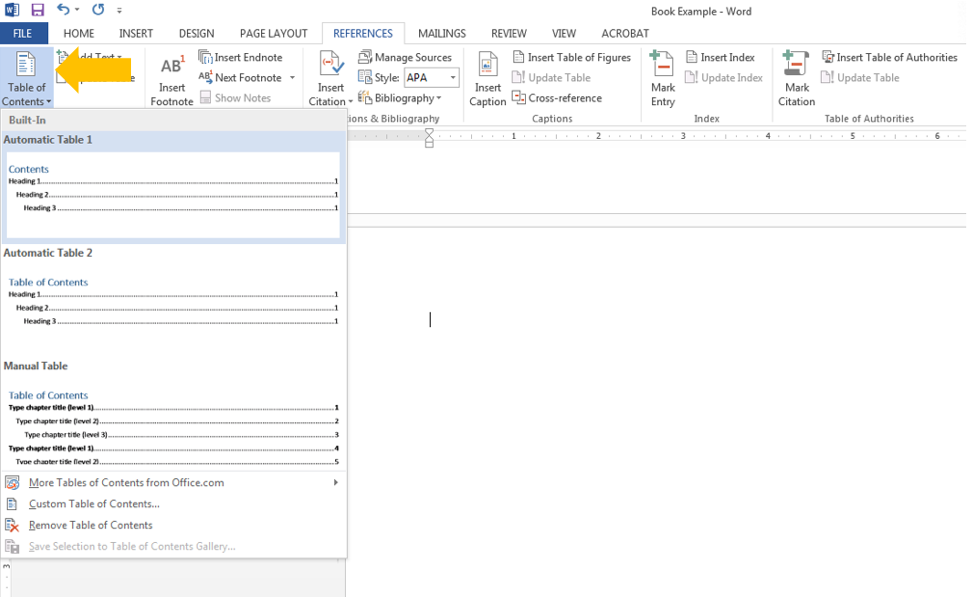 Image shows a yellow error pointing at the top of a word document at the ‘table of contents. Below is the table of contents, showcasing the automatic tables that can be made from the
selection.