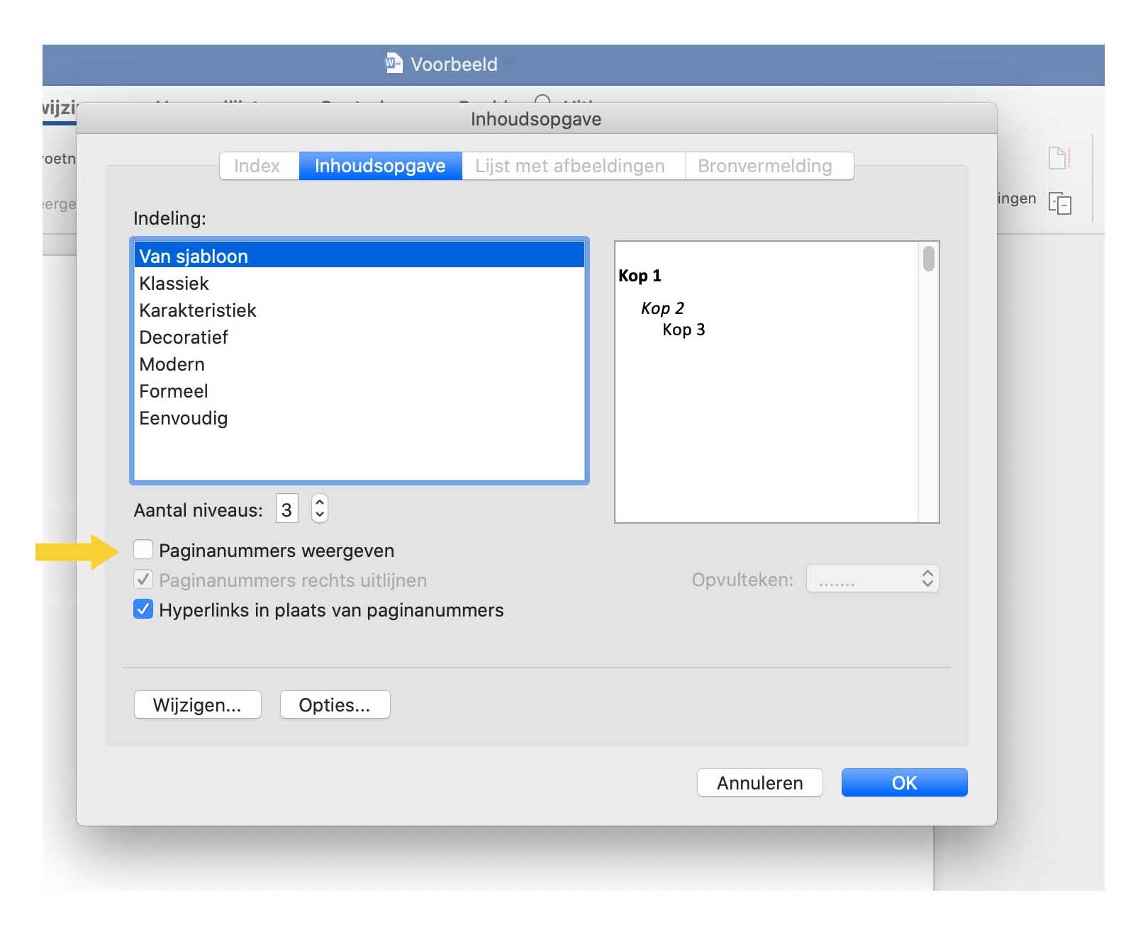 Een keuzemenu uit Inhoudsopgave waarin verschillende stijlen en kopniveaus kunnen worden gekozen