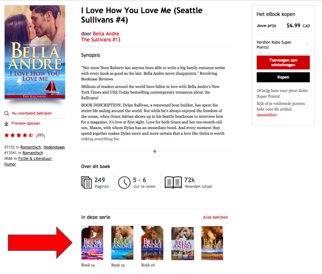 Productpagina van een eBook met een rode pijl naar In deze serie, waarin de andere titels uit de serie staan
