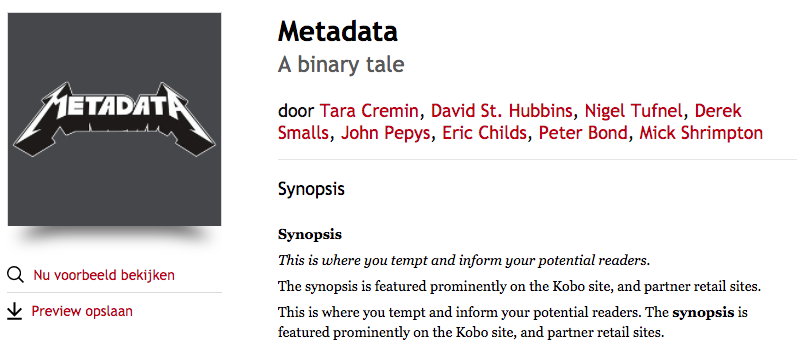 De afbeelding toont de titel 'Metadata' met de ondertitel 'A binary tale' en daaronder de auteurs in het rood. Het heeft ook de kop 'Synopsis' met de synopsis eronder.