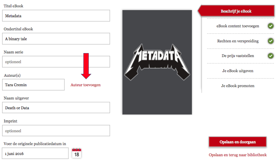 Afbeelding toont een productpagina voor een e-boek. Velden omvatten titel, ondertitel, auteur, publicatiedatum en meer.