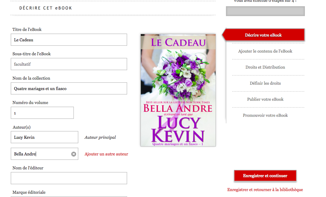 Capture d'écran du tableau de bord Kobo Writing Life présentant l'étape de la description de l'eBook. On voit notamment les champs Nom de la collection et Numéro du volume.