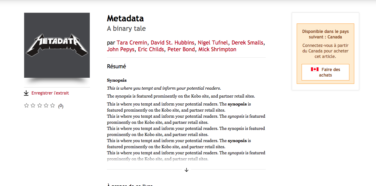 Capture d'écran d'une page produit d'un eBook sur la librairie Kobo.