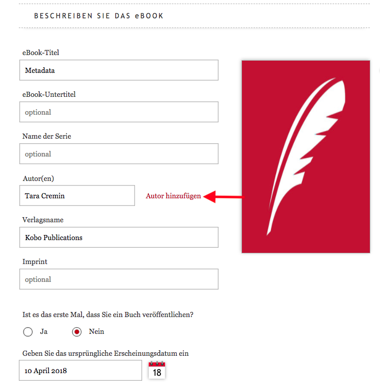 Ein Eingabebildschirm für eBook-Metadaten. Neben dem Feld, in dem der Autor hinzugefügt werden kann, befindet sich ein roter Pfeil.
