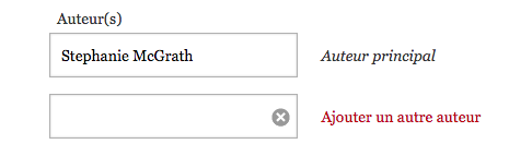 Capture d'écran présentant deux champs à renseigner : le nom de l'auteur principal et le nom d'un auteur supplémentaire à ajouter.