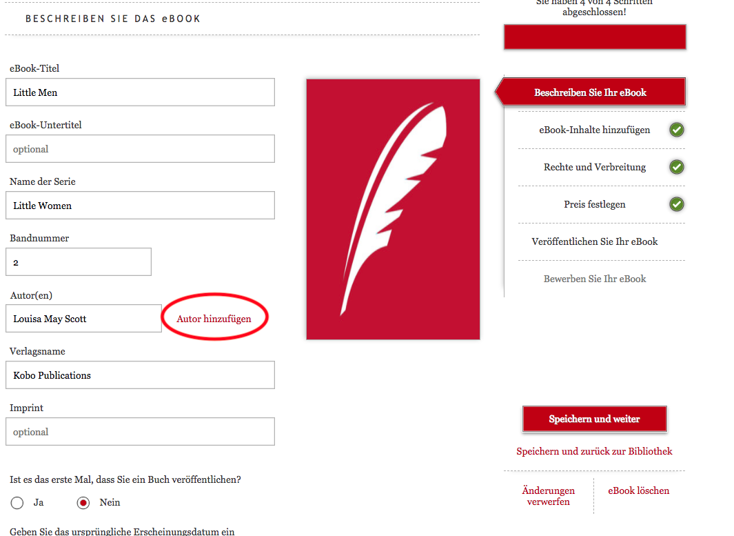 Eingabeseite für eBook-Metadaten mit einem roten Pfeil auf Autor hinzufügen neben dem Feld Autor.