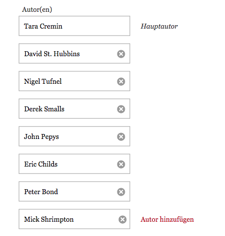 Eine Liste von Eingabefeldern, gefüllt mit Autorennamen, in der Reihenfolge ihrer Hinzufügung.